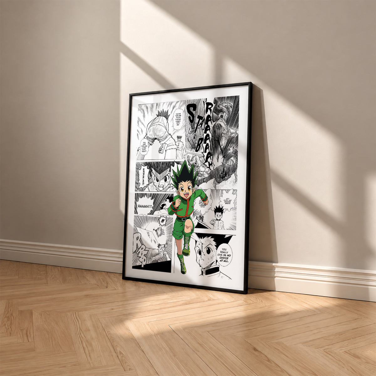 Gon Freecss manga poster inspired by Hunter x Hunter in a black frame against a warm beige wall