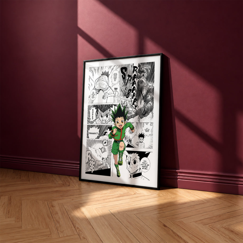 Gon Freecss manga poster inspired by Hunter x Hunter in a black frame against a burgundy wall