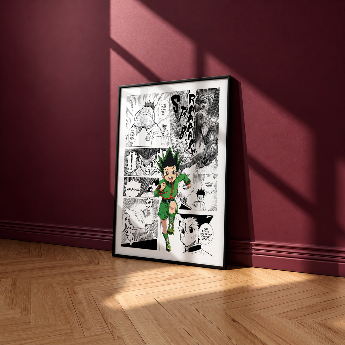 Gon Freecss manga poster inspired by Hunter x Hunter in a black frame against a burgundy wall
