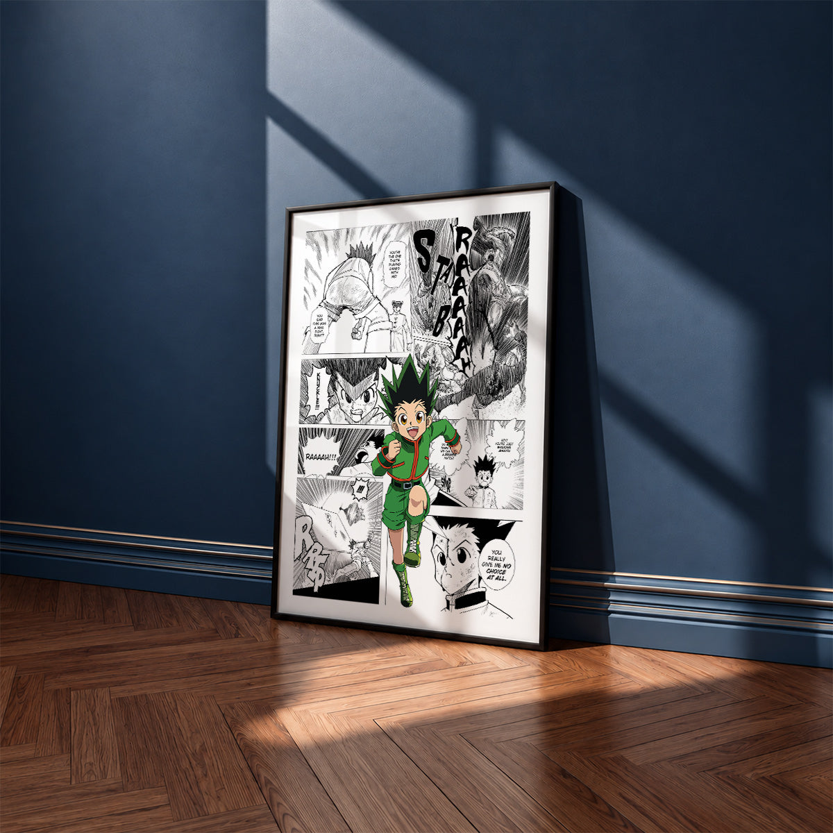 Gon Freecss manga poster inspired by Hunter x Hunter in a black frame against a navy blue wall