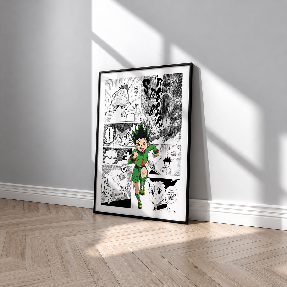 Gon Freecss manga poster inspired by Hunter x Hunter in a black frame against a light gray wall