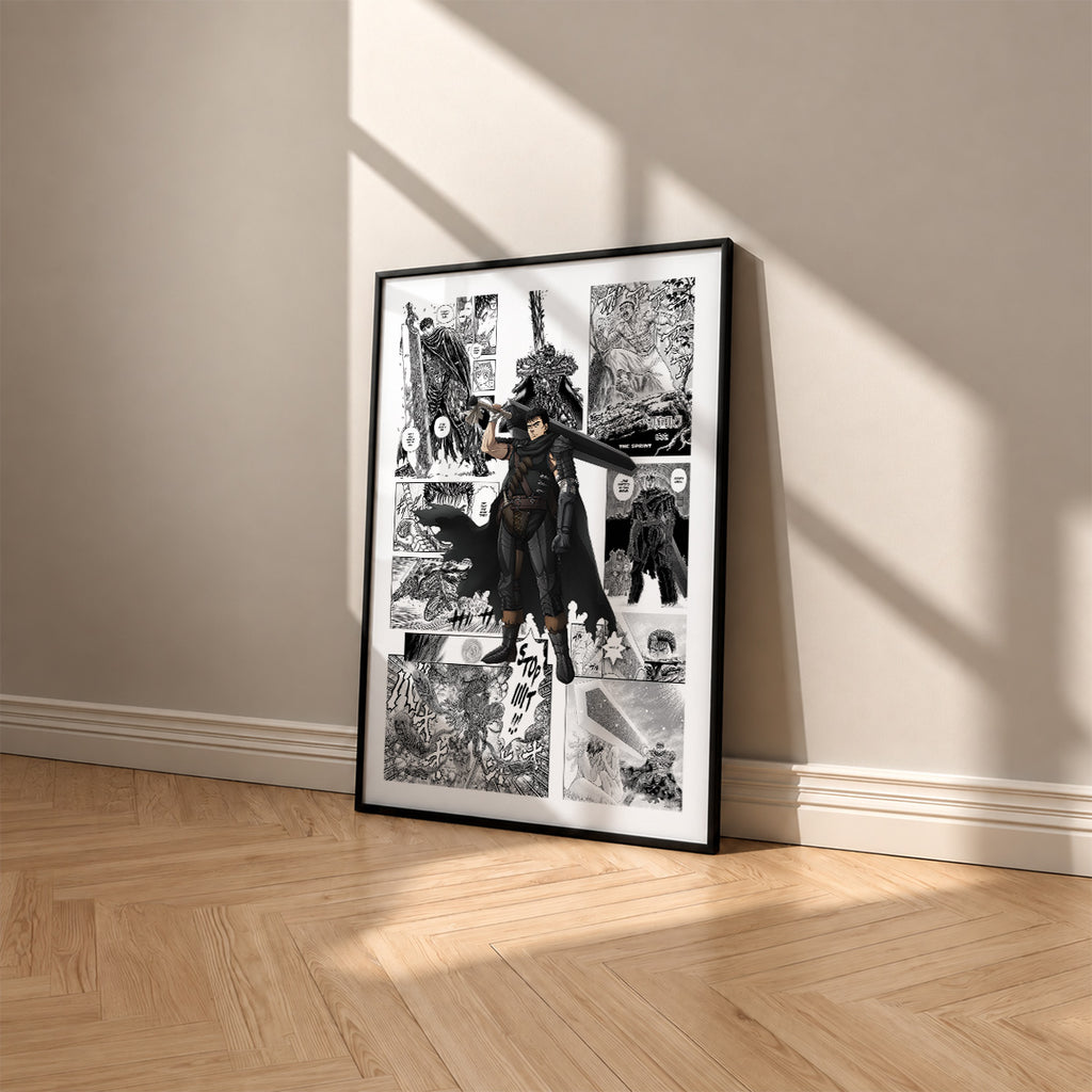 Guts manga poster inspired by Berserk in a black frame against a warm beige wall
