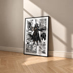 Guts manga poster inspired by Berserk in a black frame against a warm beige wall