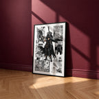 Guts manga poster inspired by Berserk in a black frame against a burgundy wall