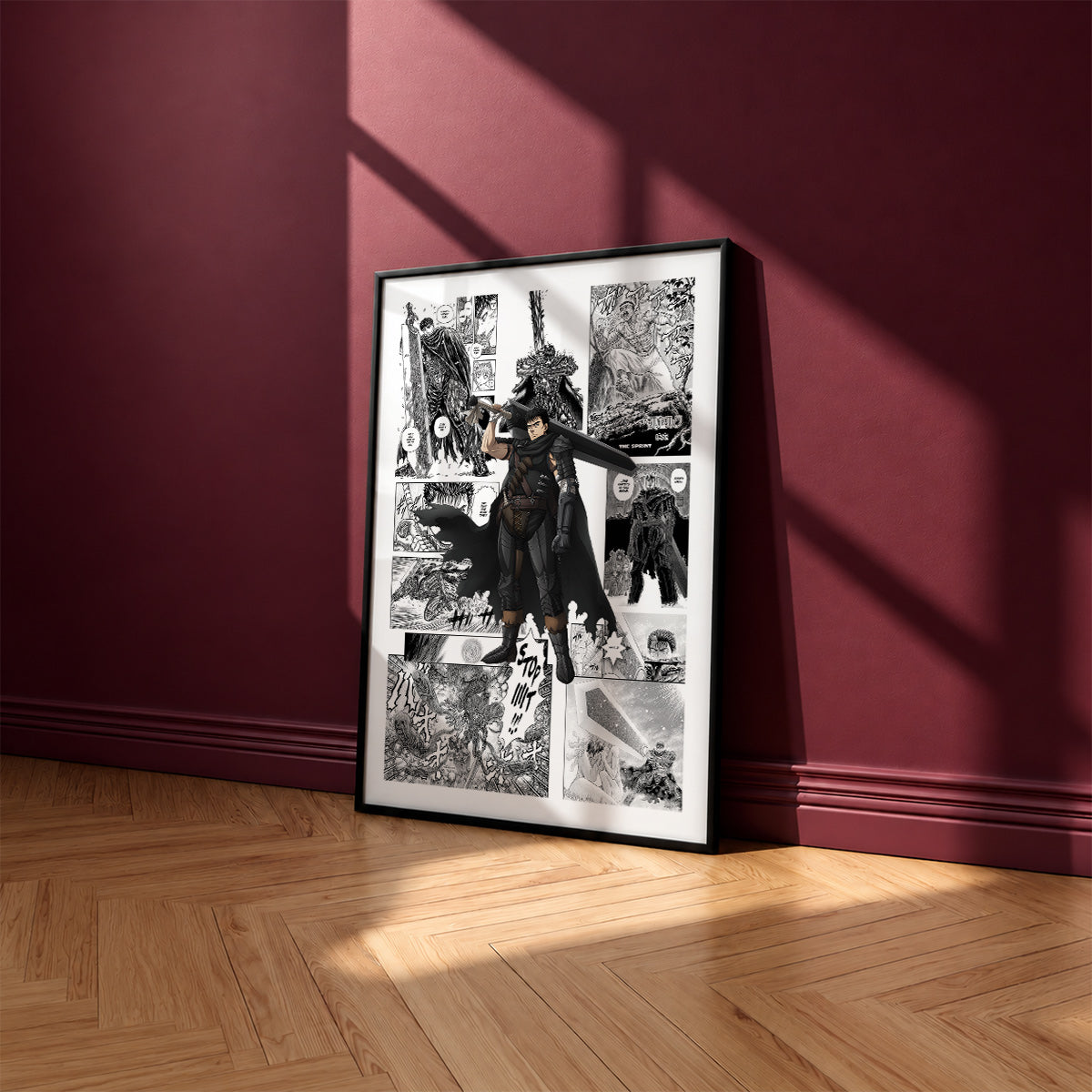 Guts manga poster inspired by Berserk in a black frame against a burgundy wall