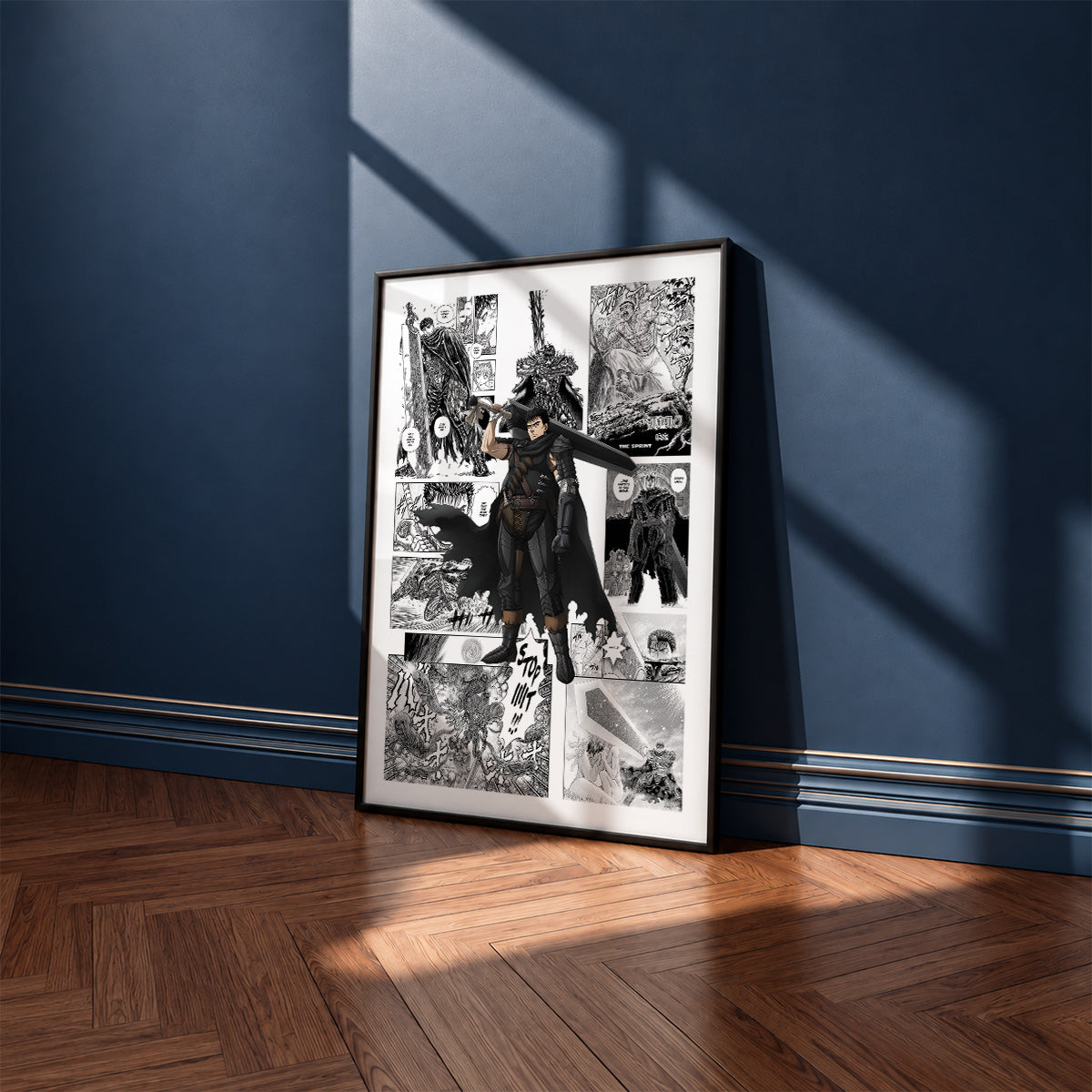 Guts manga poster inspired by Berserk in a black frame against a navy blue wall