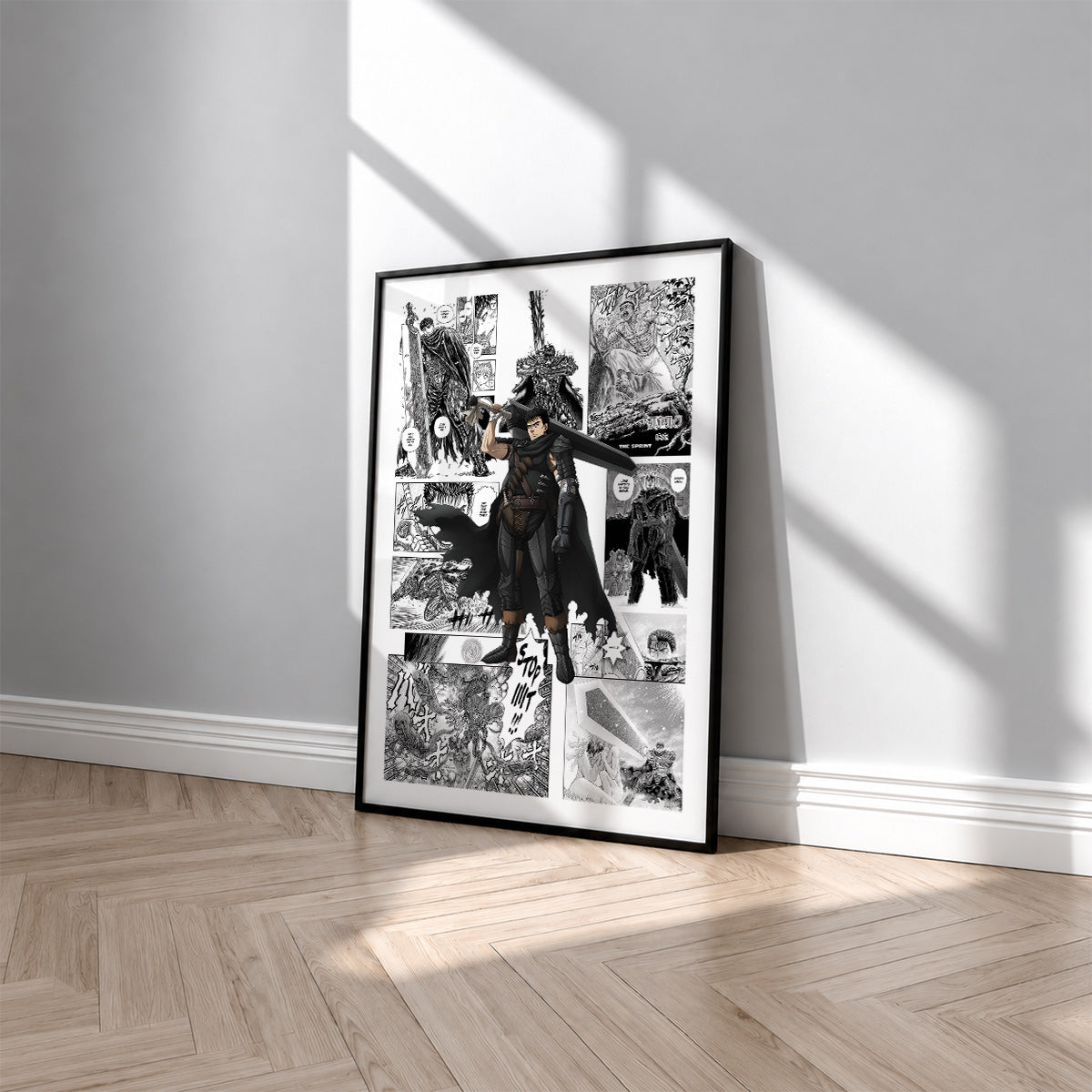 Guts manga poster inspired by Berserk in a black frame against a light gray wall