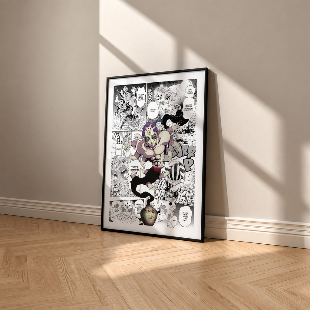 Gyokko manga poster inspired by Demon Slayer in a black frame against a warm beige wall