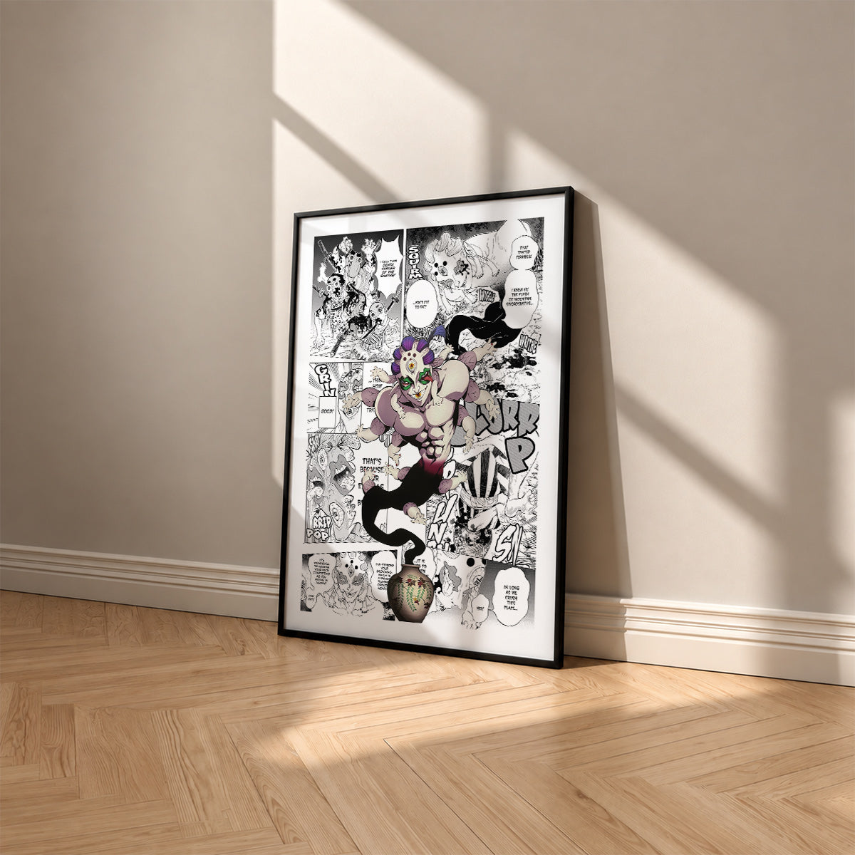 Gyokko manga poster inspired by Demon Slayer in a black frame against a warm beige wall