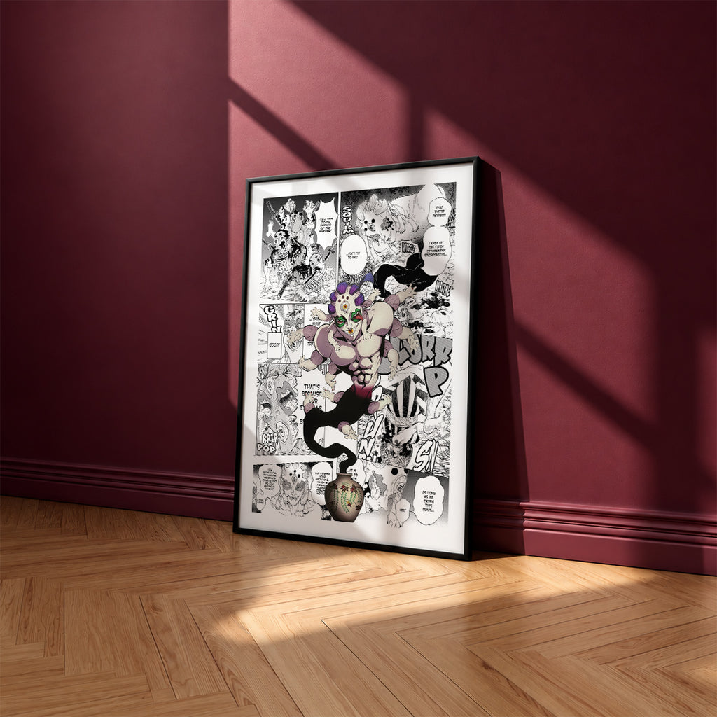 Gyokko manga poster inspired by Demon Slayer in a black frame against a burgundy wall