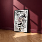Gyokko manga poster inspired by Demon Slayer in a black frame against a burgundy wall
