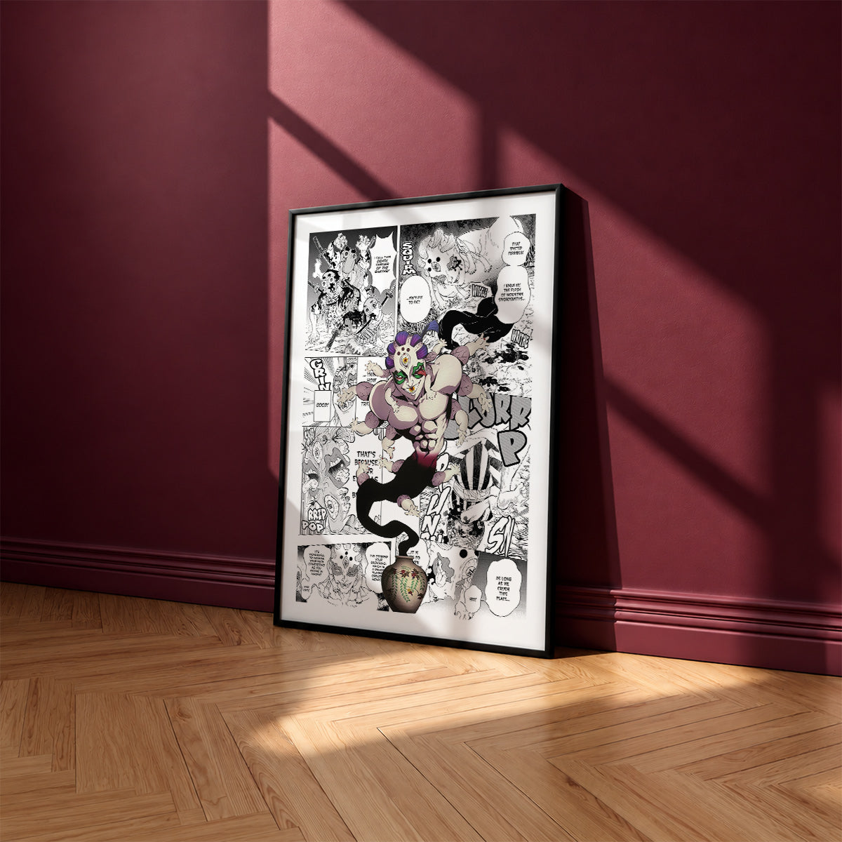 Gyokko manga poster inspired by Demon Slayer in a black frame against a burgundy wall