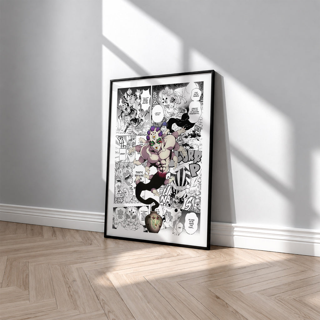 Gyokko manga poster inspired by Demon Slayer in a black frame against a light gray wall