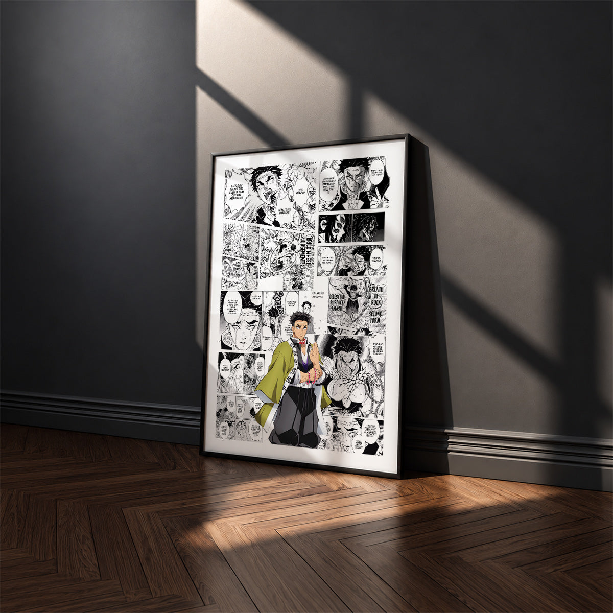 Gyomei Himejima manga poster inspired by Demon Slayer in a black frame against a charcoal gray wall