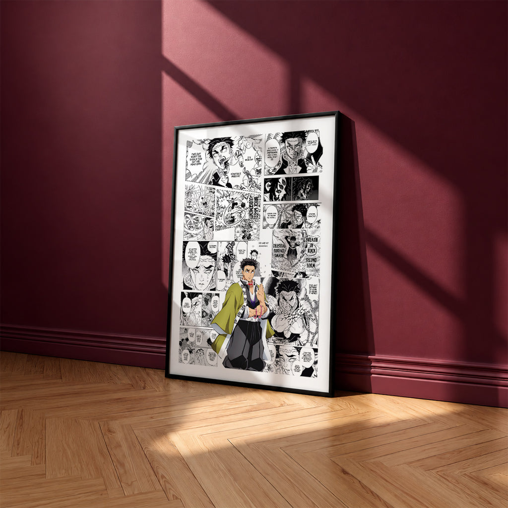 Gyomei Himejima manga poster inspired by Demon Slayer in a black frame against a burgundy wall