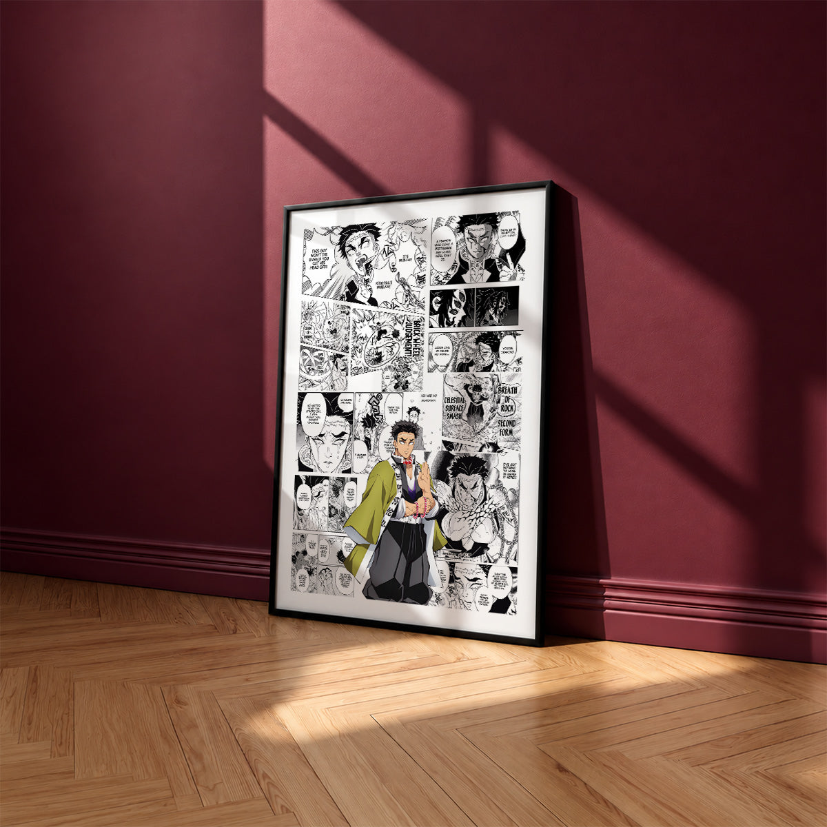 Gyomei Himejima manga poster inspired by Demon Slayer in a black frame against a burgundy wall