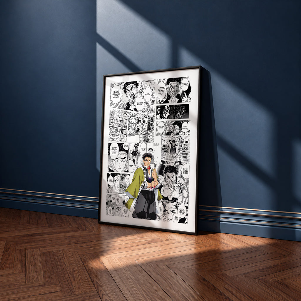 Gyomei Himejima manga poster inspired by Demon Slayer in a black frame against a navy blue wall