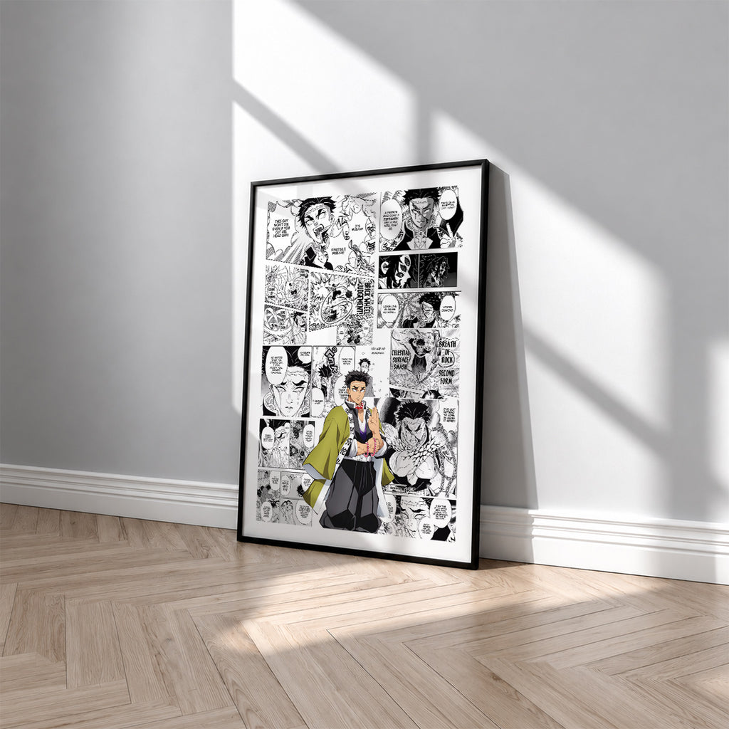 Gyomei Himejima manga poster inspired by Demon Slayer in a black frame against a light gray wall