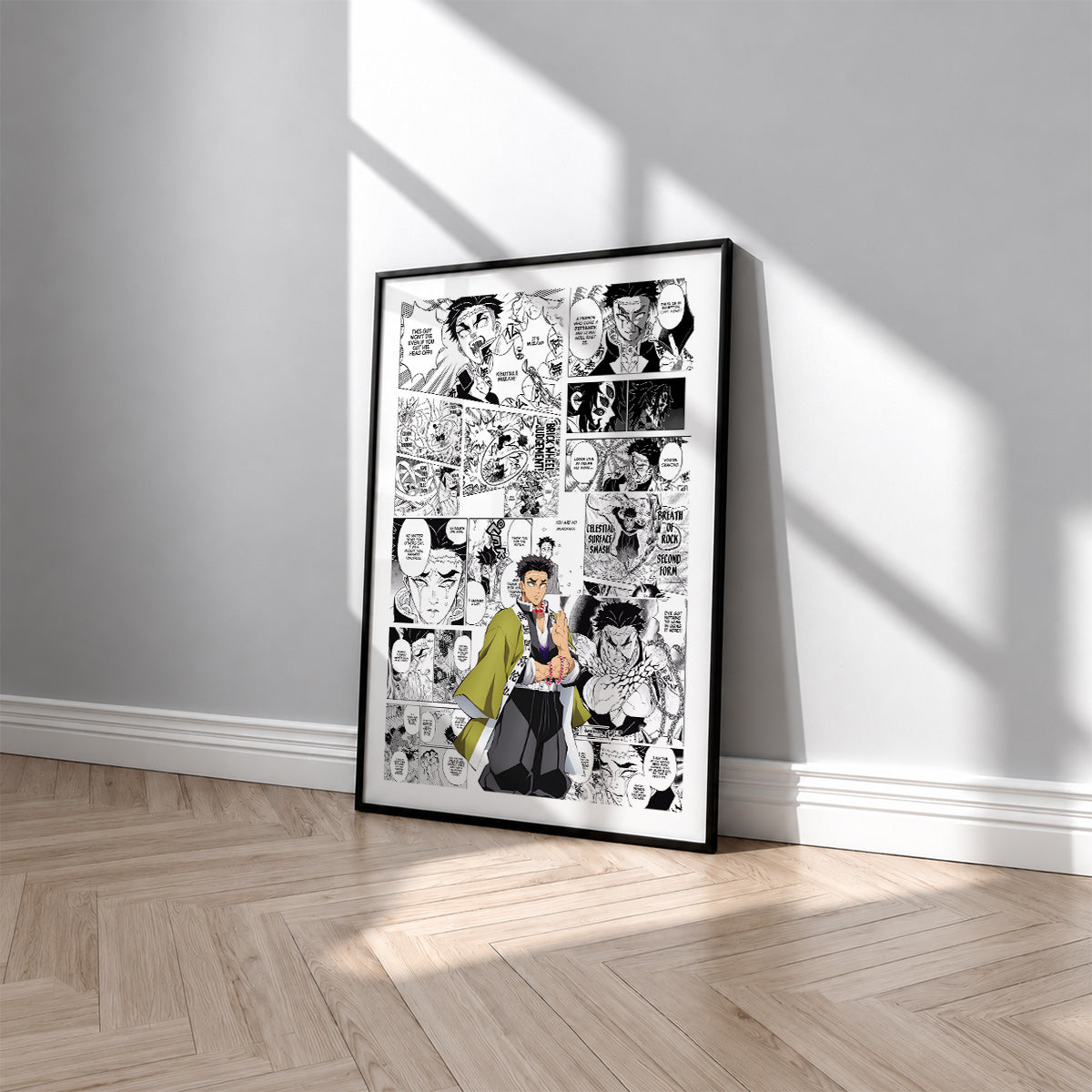 Gyomei Himejima manga poster inspired by Demon Slayer in a black frame against a light gray wall