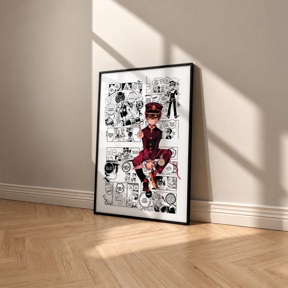 Hanako manga poster inspired by Toilet-Bound Hanako-kun in a black frame against a warm beige wall