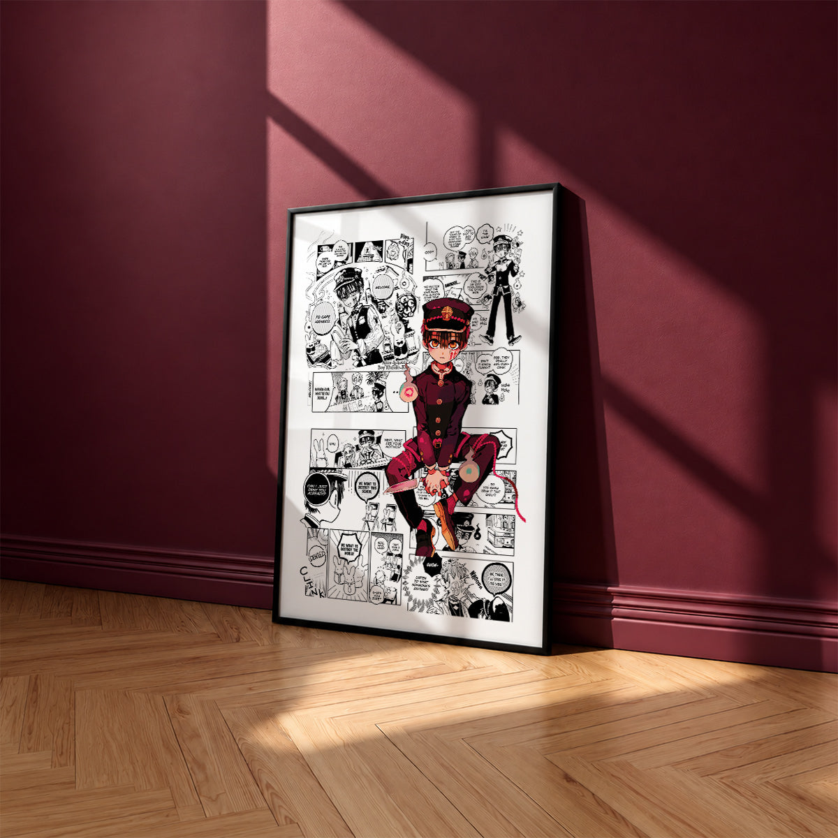 Hanako manga poster inspired by Toilet-Bound Hanako-kun in a black frame against a burgundy wall