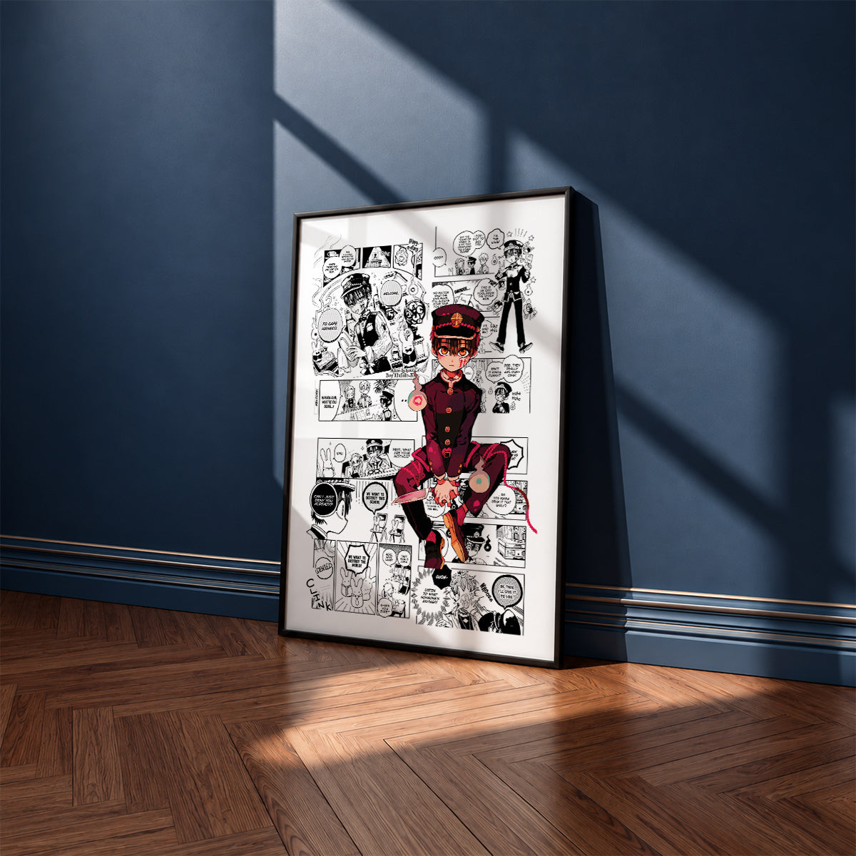 Hanako manga poster inspired by Toilet-Bound Hanako-kun in a black frame against a navy blue wall