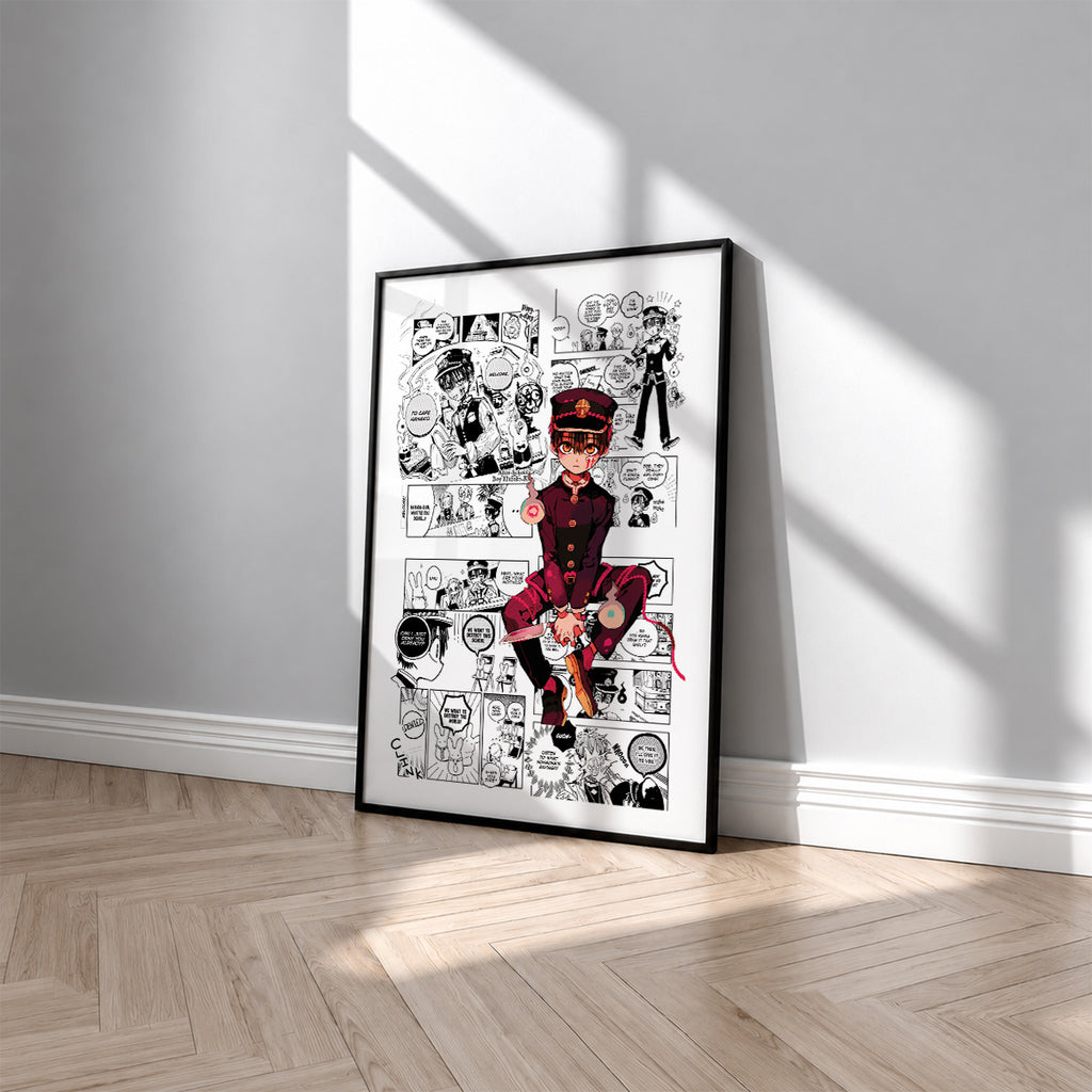 Hanako manga poster inspired by Toilet-Bound Hanako-kun in a black frame against a light gray wall