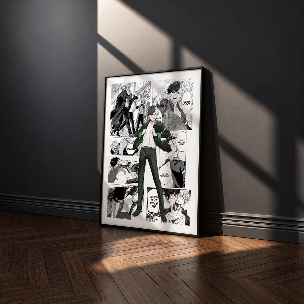 Haruka Sakura manga poster inspired by Wind Breaker in a black frame against a charcoal gray wall