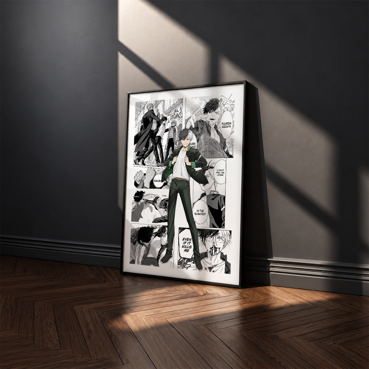 Haruka Sakura manga poster inspired by Wind Breaker in a black frame against a charcoal gray wall