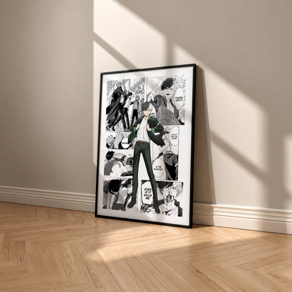 Haruka Sakura manga poster inspired by Wind Breaker in a black frame against a warm beige wall