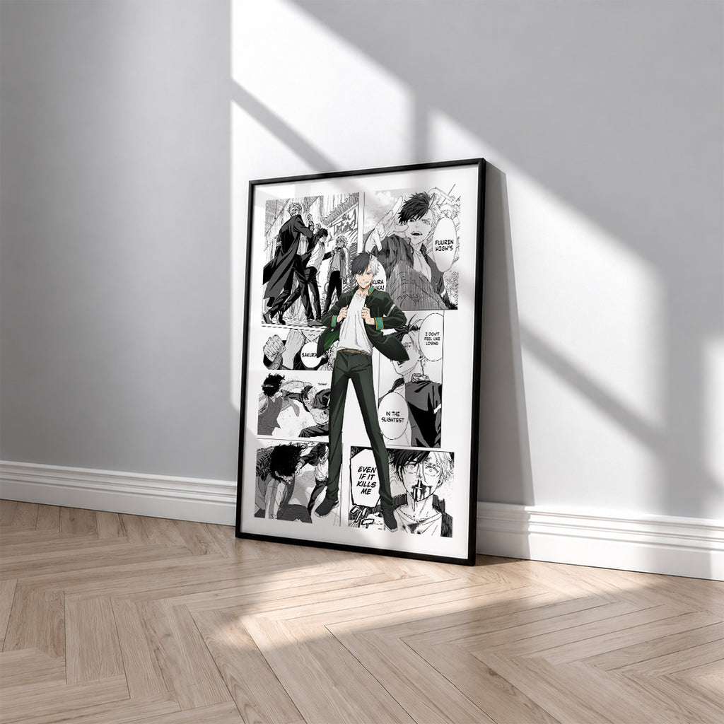Haruka Sakura manga poster inspired by Wind Breaker in a black frame against a light gray wall