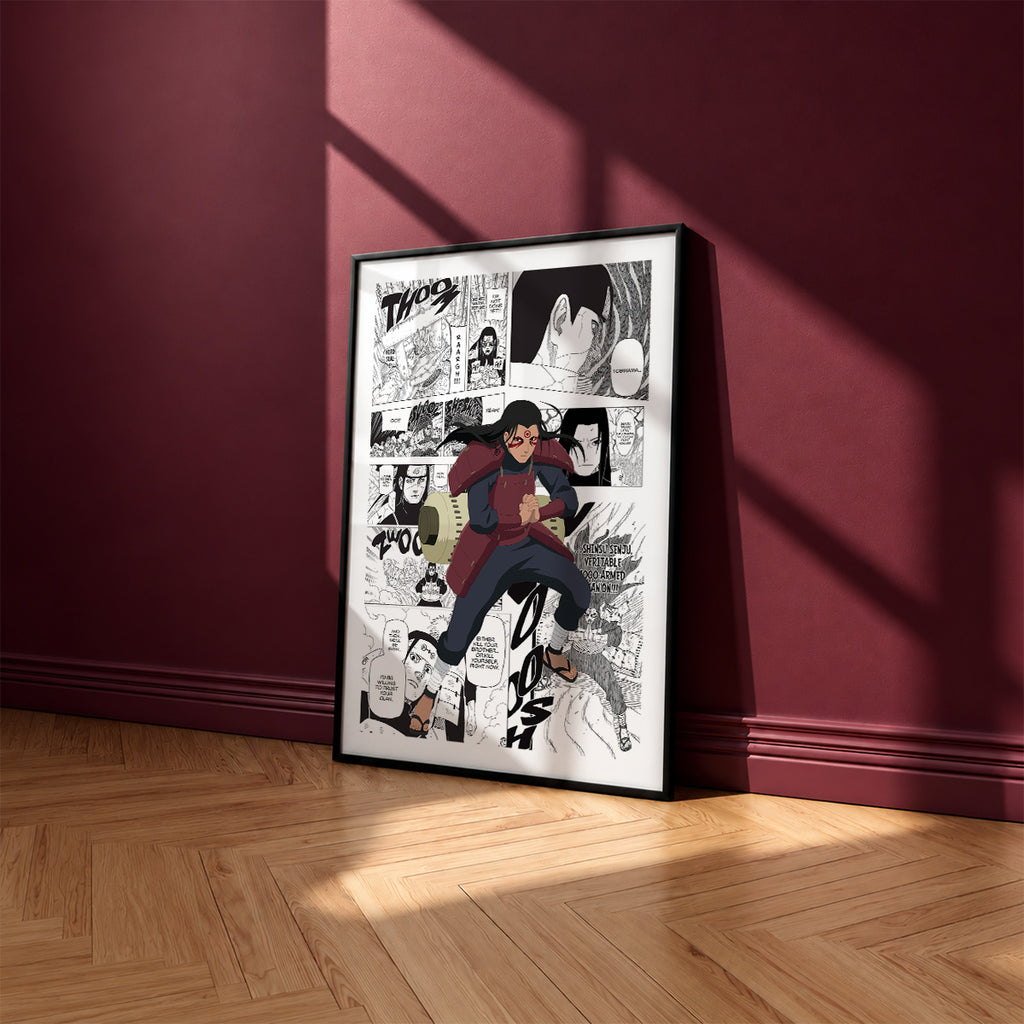 Hashirama Senju manga poster inspired by Naruto in a black frame against a burgundy wall