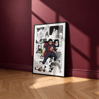 Hashirama Senju manga poster inspired by Naruto in a black frame against a burgundy wall