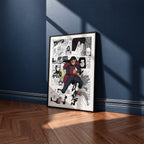 Hashirama Senju manga poster inspired by Naruto in a black frame against a navy blue wall