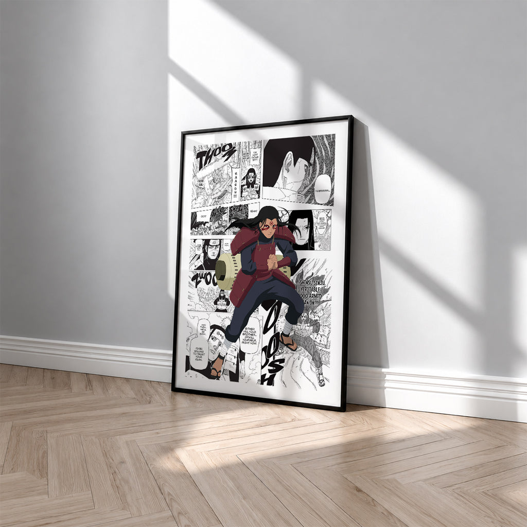 Hashirama Senju manga poster inspired by Naruto in a black frame against a light gray wall