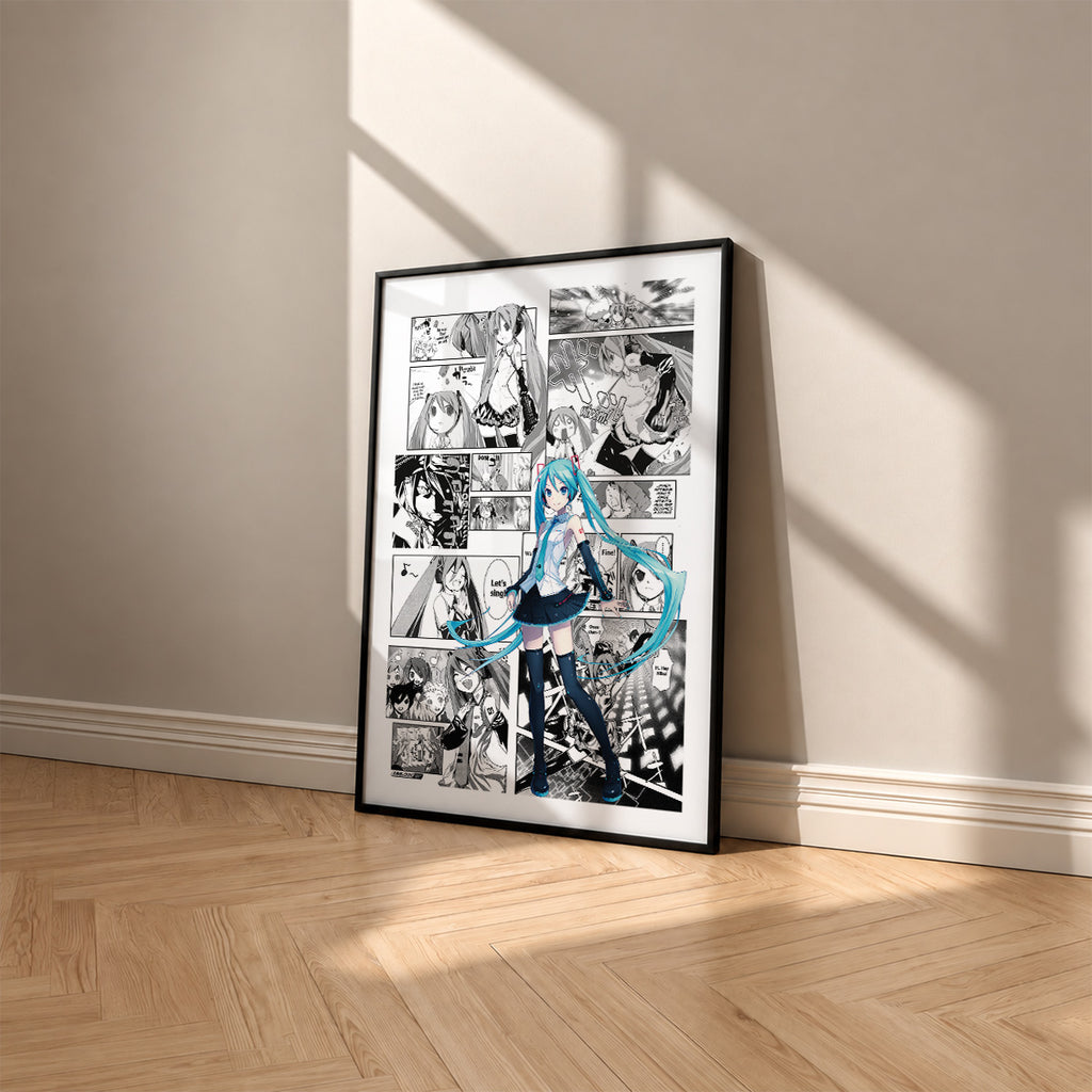 Hatsune Miku manga poster inspired by Vocaloid in a black frame against a warm beige wall