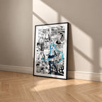 Hatsune Miku manga poster inspired by Vocaloid in a black frame against a warm beige wall