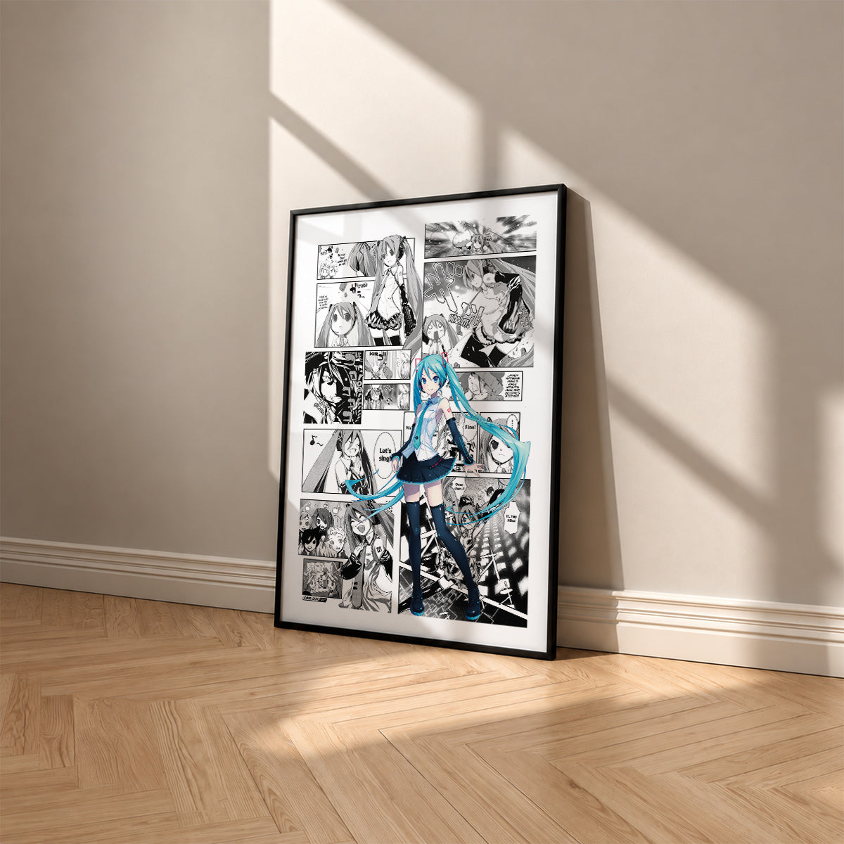 Hatsune Miku manga poster inspired by Vocaloid in a black frame against a warm beige wall