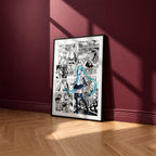 Hatsune Miku manga poster inspired by Vocaloid in a black frame against a burgundy wall