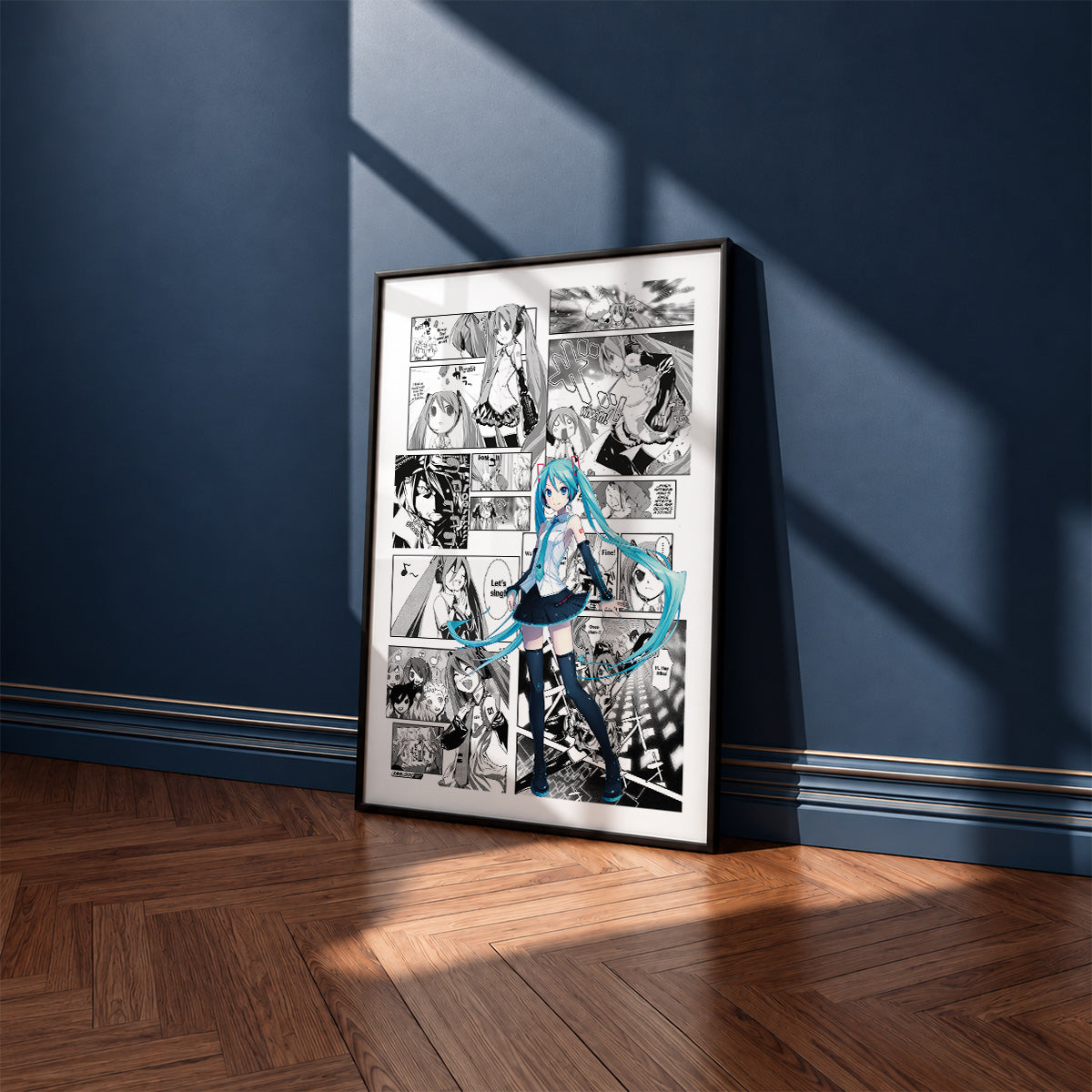 Hatsune Miku manga poster inspired by Vocaloid in a black frame against a navy blue wall