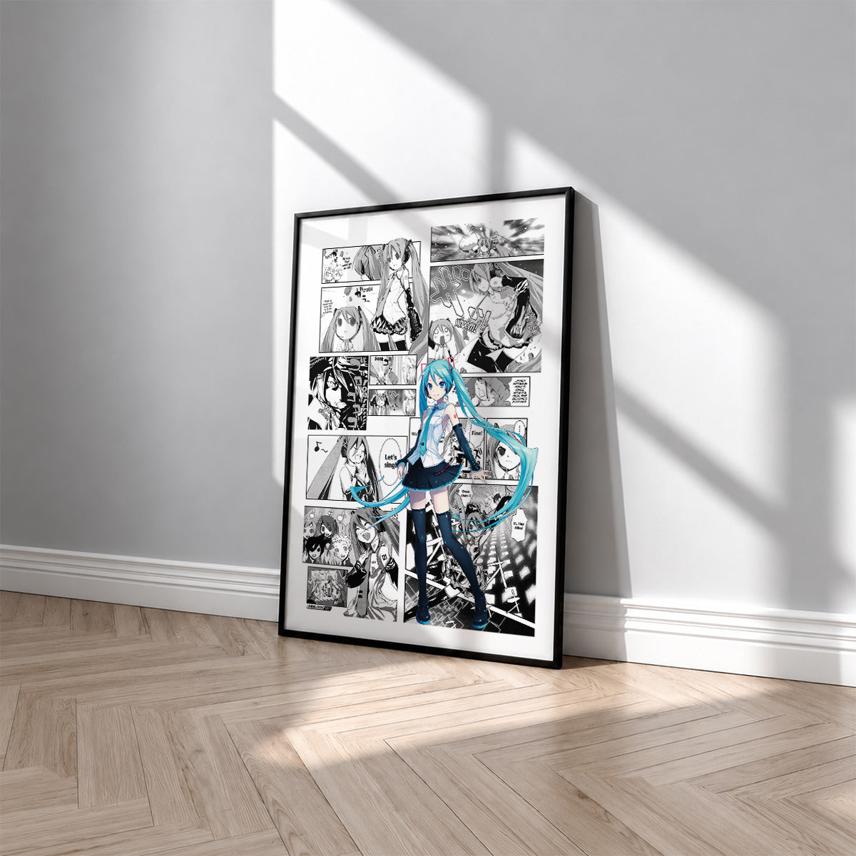 Hatsune Miku manga poster inspired by Vocaloid in a black frame against a light gray wall