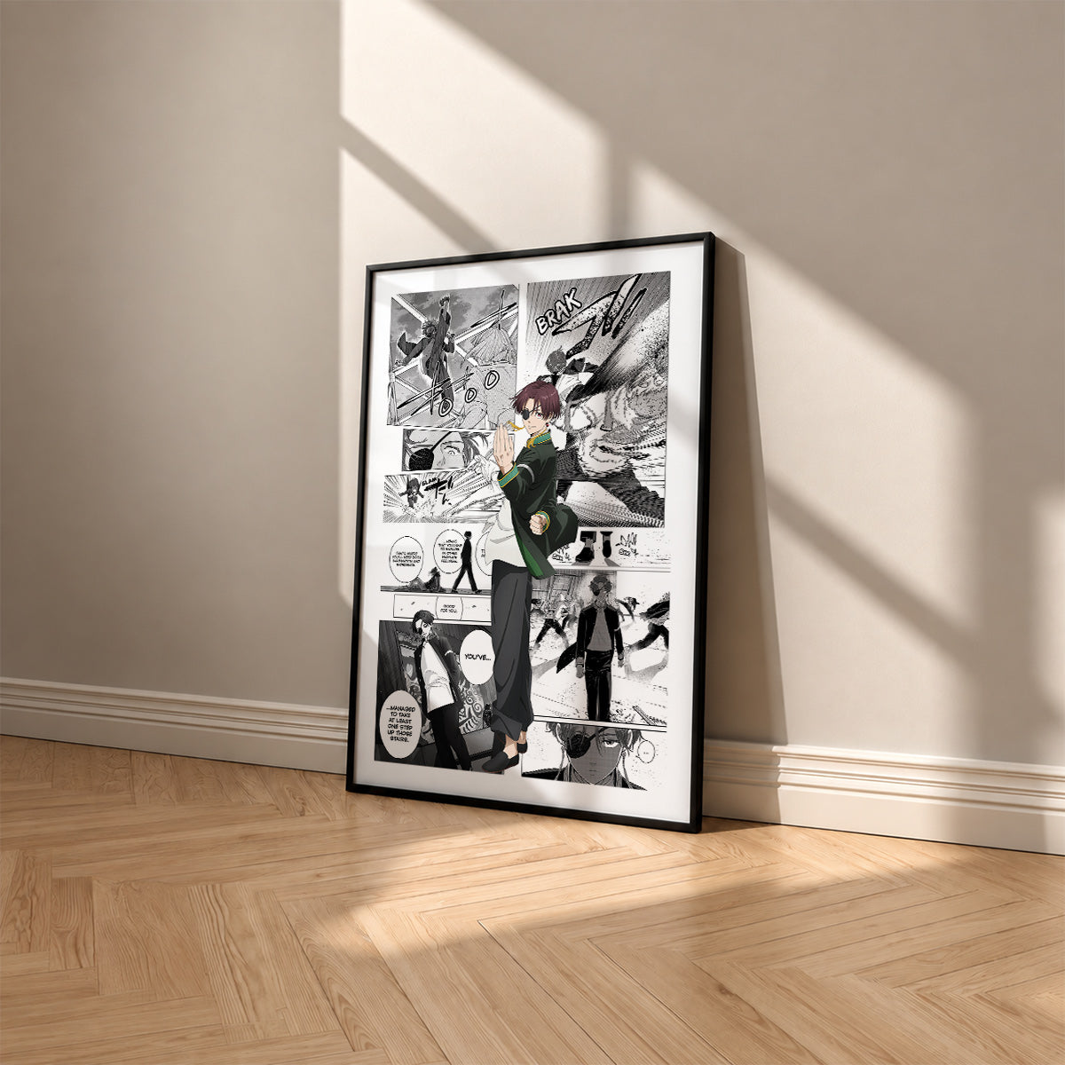 Hayato Suo manga poster inspired by Wind Breaker in a black frame against a warm beige wall