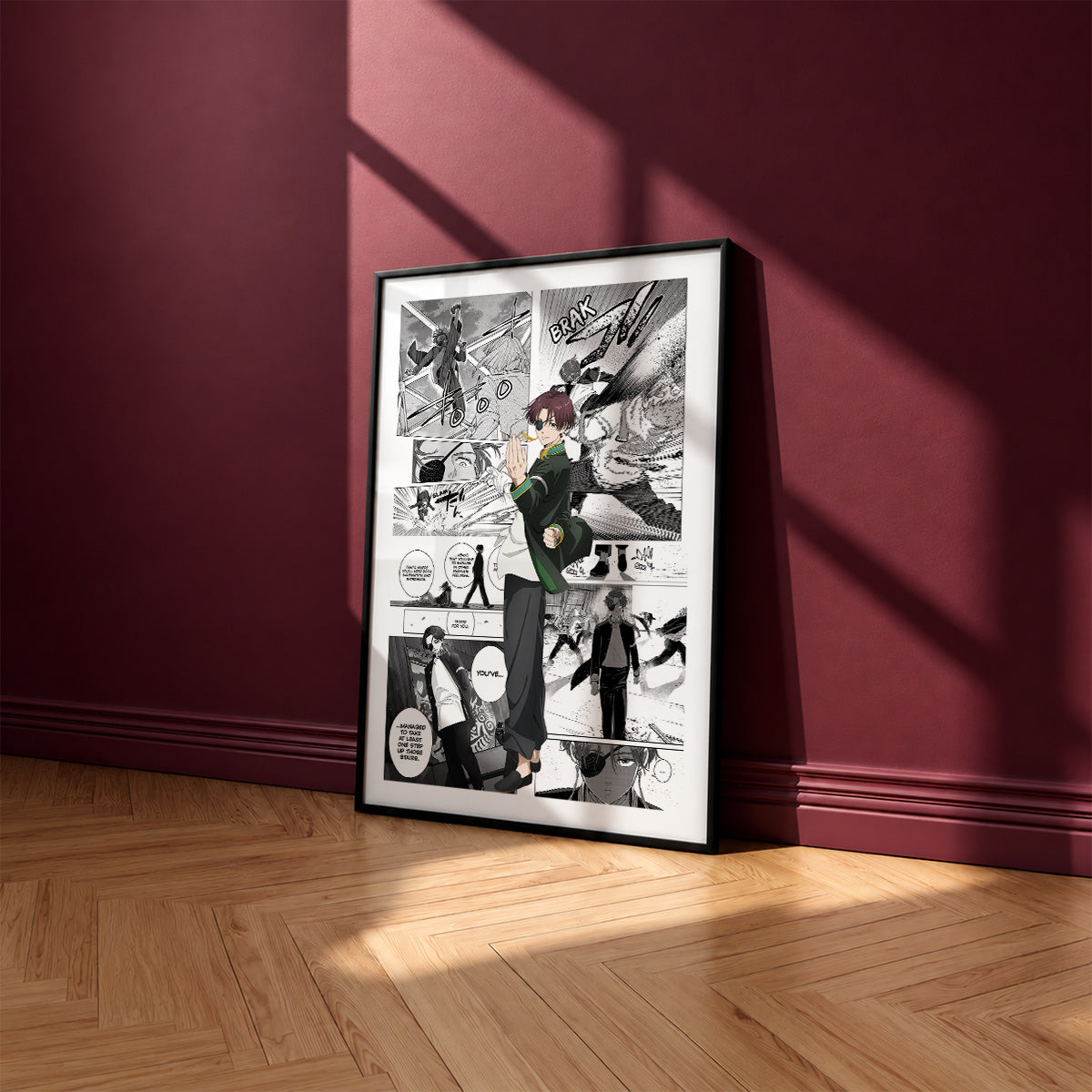 Hayato Suo manga poster inspired by Wind Breaker in a black frame against a burgundy wall