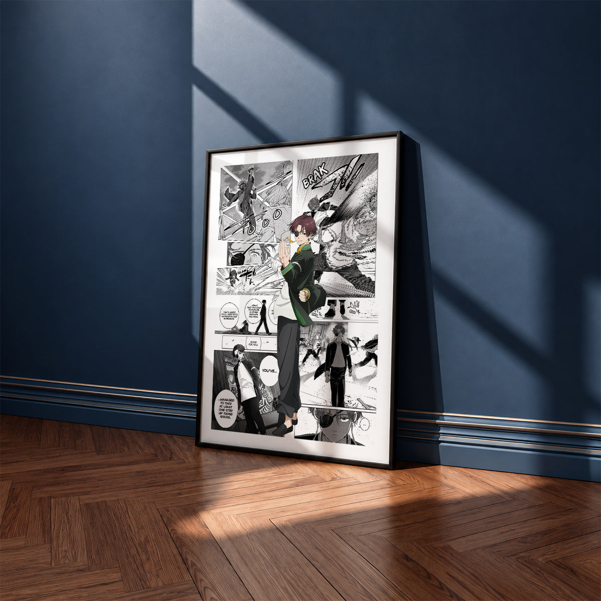 Hayato Suo manga poster inspired by Wind Breaker in a black frame against a navy blue wall