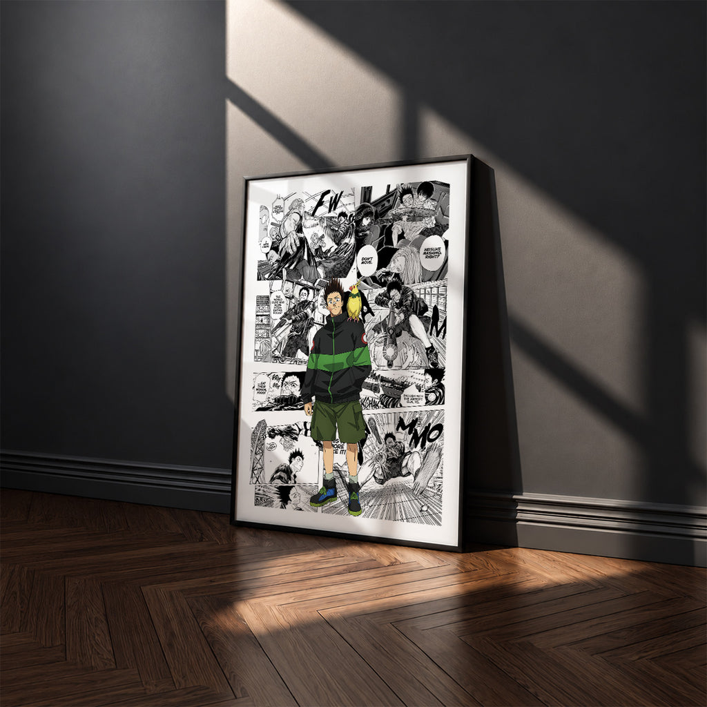 Heisuke Mashimo manga poster inspired by Sakamoto Days in a black frame against a charcoal gray wall