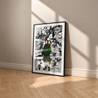 Heisuke Mashimo manga poster inspired by Sakamoto Days in a black frame against a warm beige wall