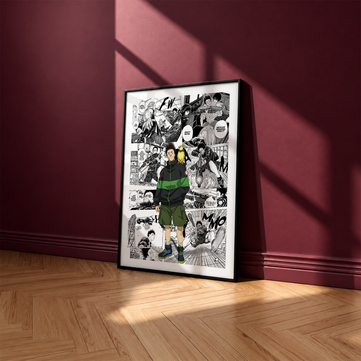 Heisuke Mashimo manga poster inspired by Sakamoto Days in a black frame against a burgundy wall