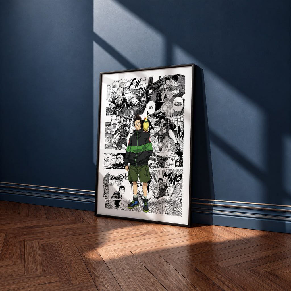 Heisuke Mashimo manga poster inspired by Sakamoto Days in a black frame against a navy blue wall