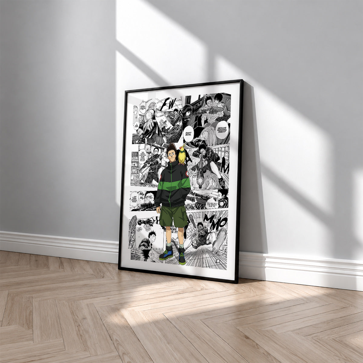Heisuke Mashimo manga poster inspired by Sakamoto Days in a black frame against a light gray wall
