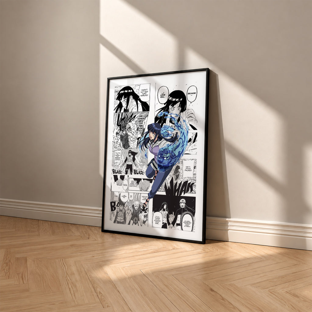 Hinata Hyuga manga poster inspired by Naruto in a black frame against a warm beige wall